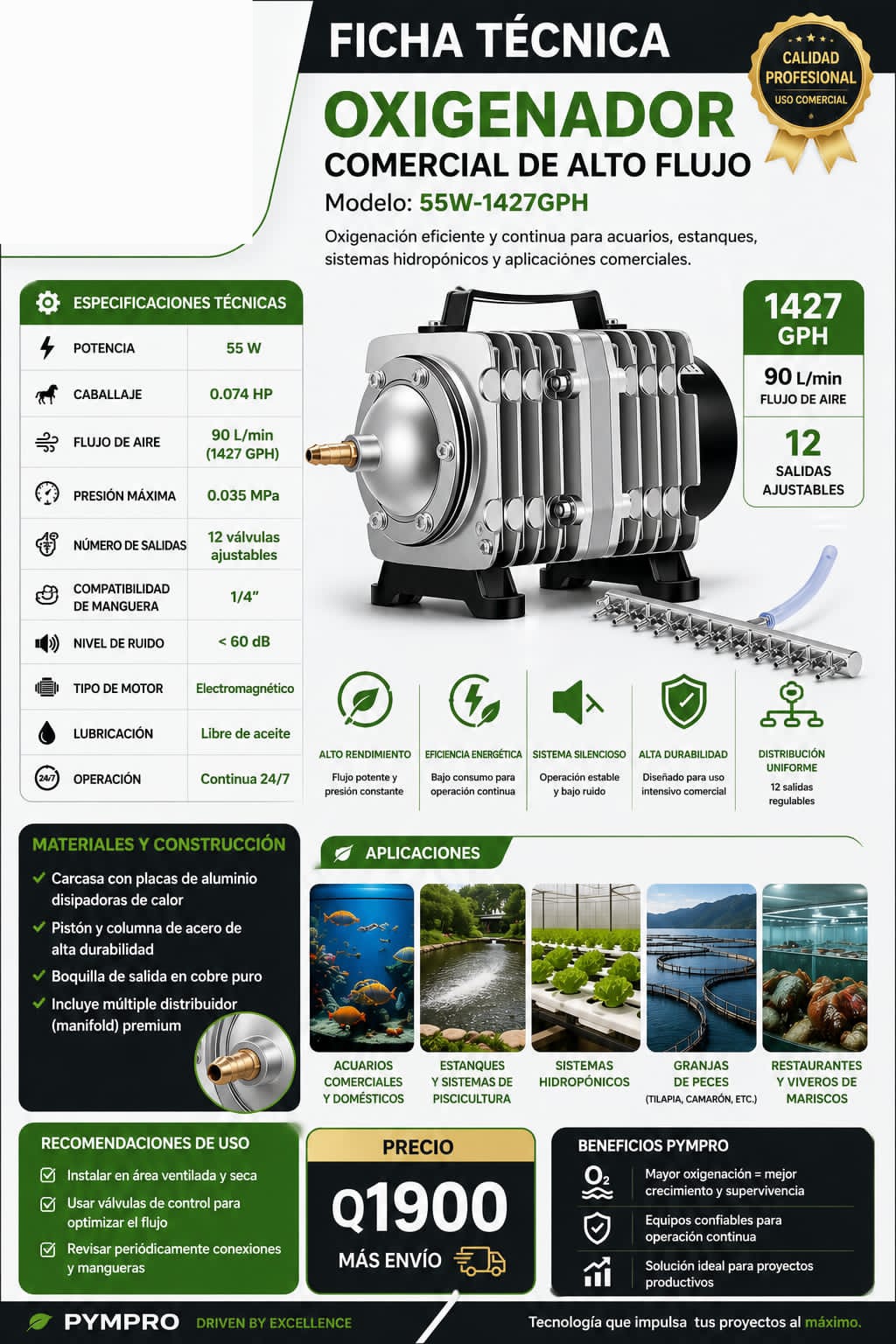 Oxigenador 55W tilapia hidroponia